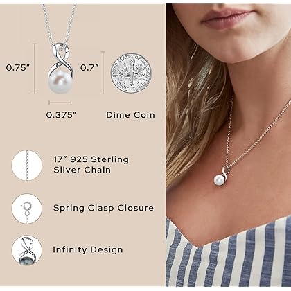 The Pearl Source Freshwater Pearl Pendant Necklace for Women - White Cultured Pearl Necklace with Infinity Design | Single Pearl Necklace for Women with 925 Sterling Silver Chain, 9.0-10.0mm