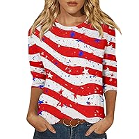Womens Summer Tops Patriotic Fourth of July Shirts Trendy 3/4 Sleeve Tops Crew Neck Flag Graphic Tees Loose Fit Blouses