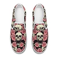 Flower and Skull Women's Slip on Canvas Loafers Shoes for Women Low Top Sneakers