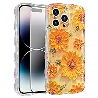 Compatible iPhone 14 Pro Max 6.7'' Retro Oil Painting Flower Pattern Phone case,【HD Tempered Film X 1】 Cute Curly Wave Frame Shape,Durable Soft TPU Shockproof Case for Girls Women-Yellow