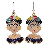 NOVICA Handmade .925 Sterling Silver Glass Beaded Dangle Earrings Frida Blue from Mexico Cultural [2.8 in L x 1.3 in W x 0.1 in D] 'Blue Frida'