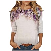 Women's Tops, Tees & Blouses, Spring Clothes for Women Graphic Tees Vintage Work Shirts Women's Fashion Casual Three Quarter Sleeve Print Round Neck Pullover Top Blouse Cropped (Beige,L)