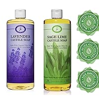 Carolina Castile Soap Sage Lime and Lavender Castile Soap Liquid Bundle - 32 oz Vegan & Pure Organic Concentrated Non Drying All Natural Formula Body Wash & Shampoo