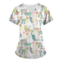 Vneck Shirts for Juniors Summer Fall Short Sleeve Floral Work Scrub Kawaii Top T Shirt Blouse Women 2024
