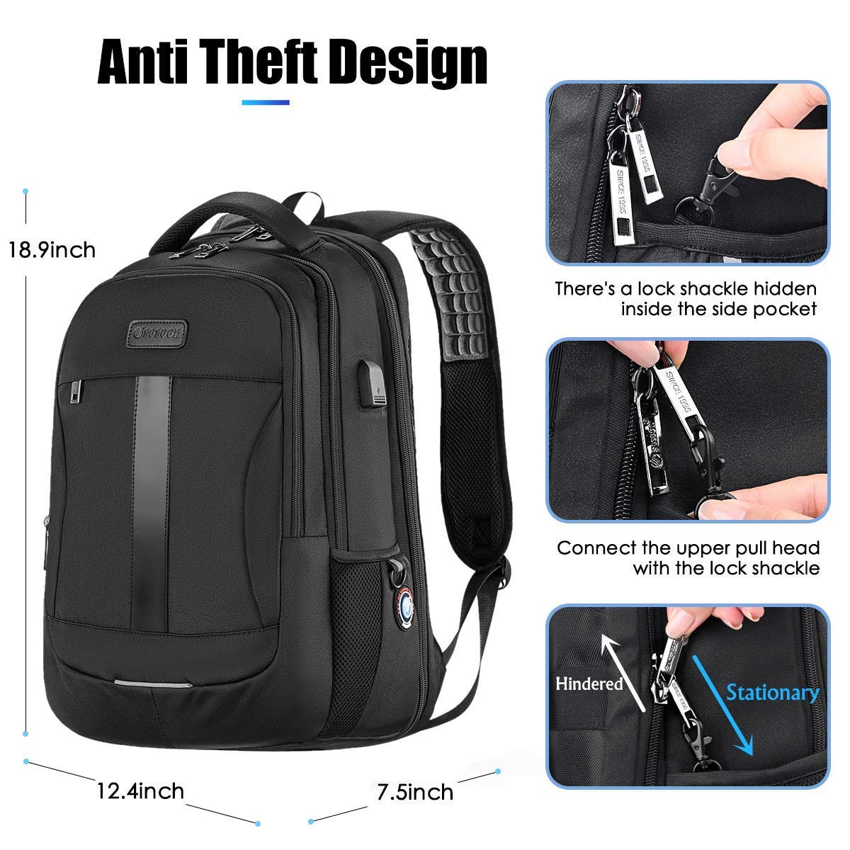 Sosoon Laptop Backpack, 15.6-17 Inch Travel Backpack for Laptop and Notebook, High School College Bookbag for Women Men Boys, Anti-Theft Water Resistant Bussiness Bag with USB Charging Port, Black