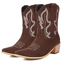 LEHOOR Cowboy Booties for Women Embroidered Western Ankle Booties Low Chunky Stacked Heel Square Toe Pull On Short Cowgirl Boot V Cut Suede Snip Toe Dressy Vintage Fall Booties Winter Retro 4-15 M US