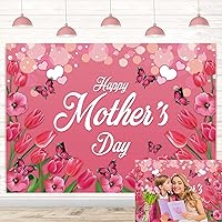Happy Mother's Day Photo Backdrop Pink Flowers Butterfly Mother Day Photography Background for Mothers Day Women Queen's Day Birthday Party Decorations Supplies Banner (7X5FT(82x59inch))
