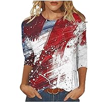 Lightning Deals of Today Prime Basic Shirts for Women Summer 3/4 Sleeve Crew Neck Patriotic Blouse Dressy Casual T-Shirt American Flag Print Graphic Tees