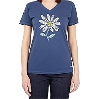 Life is Good Womens FlowerCotton Tee Short Sleeve Graphic V-Neck T-Shirt, Superpower Daisy, Darkest Blue, XX-Large
