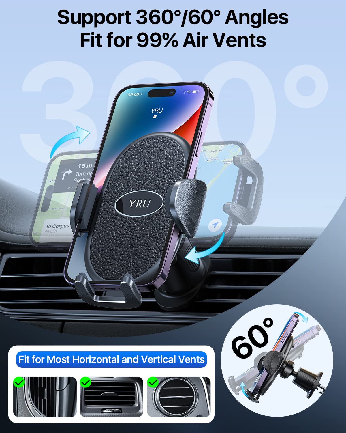 YRU Phone Mount for Car Vent [Upgraded Steel Clip], Sturdy Adjustable Shockproof Car Phone Holder, Handsfree Cell Phone Stand Cradle for iPhone 14 13 Pro Max, Samsung Universal Cellphone, Pickup Truck