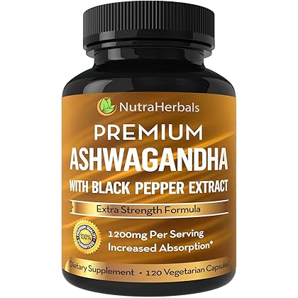 NUTRAHERBALS Ashwagandha Supplement Made with Premium Ashwaganda Root Powder 1200mg with Black Pepper Extract for Increased Absorption - 120 Vegi Capsules
