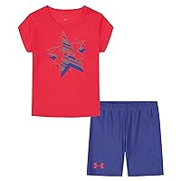 Under Armour Girls Sleeve Set, Durable Stretch Lightweight T-Shirt And Shorts Set, Pink Shock Star, 4 US