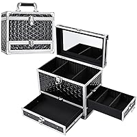 Makeup Train Case 11.8-Inch Professional Black Makeup Box Cosmetic Storage Organizer Portable Cosmetology Case Lockable Nail Box with 2 Drawers & Large Mirror for Makeup Kits &Tools