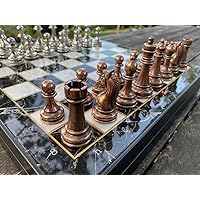 Large Chess Set Metal Hand Carved Weighted Bronze Chess Pieces Handmade Wood Chess Board with Storage 14.5