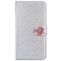 XYX Wallet Case for iPhone 15 6.1 Inch, Bling Glitter Red Love Diamond Buckle Luxury Flip Card Slot Girl Women Phone Case Protection Cover, Silver