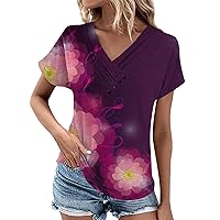 Women Dressy Tops, T Shirts for Women, Womens Short Sleeve Tops Dressy Summer V Neck Buttons Casual Trendy Blouses Tunic