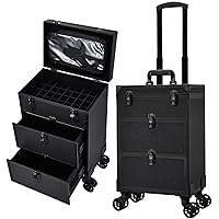 Professional 3 in 1 Rolling Makeup Case Cosmetology Case on Wheels 2 Large Drawer Nail Case Trolley Traveling Cosmetic Train Case with Makeup Pouch for Artists Nail Technician Salon Cart Trunk Black