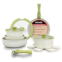 Bakken-Swiss Detachable 15-Piece Cookware Set – Granite Non-Stick – Eco-Friendly – stackable Removable Handles – for All Stoves & Oven-Safe - Green/cream color