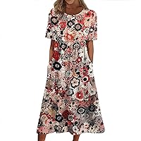 Formal Plus Size Summer Midi Dress Trendy Short Sleeve Smocked Swing 4Th of July Dress Casual Vintage Floral Dress