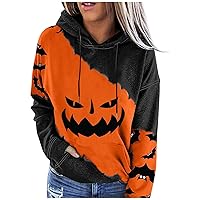 Women's 2023 Fall Halloween Pumpkin Face Long Sleeve Sweatshirts Color Block Hoodie Casual Pullover Top with Pocket