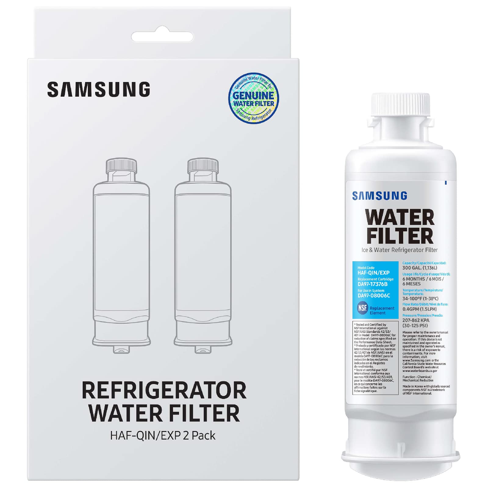 SAMSUNG Genuine Filters for Refrigerator Water and Ice, Carbon Block Filtration for Clear Drinking Water, HAF-QIN-2P, 2 Pack