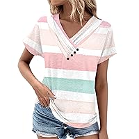 Henley Shirts for Women Short Sleeve,Womens Tops Summer Button Solid Color Ruched Short Sleeve Loose Shirts Basic Dressy Blouse Ladies 2024 Outfits Womens Tops Casual
