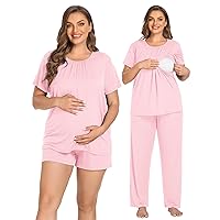 SWOMOG Women 3Pcs Maternity Pajama Set Nursing Pjs Pregnancy Set Breastfeeding Pjs Double Layer with Pockets