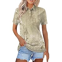Casual Short Sleeve Seaside Tee Shirts for Women 2024 Summer Lapel Fitted Tunics Printed Buttons Softest Polo Shirt