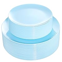 KIRE 60PCS Blue Plastic Plates Disposable - Heavy Duty Light Blue Plates Include 30Pcs 10.25” Blue Dinner Plates and 30Pcs 7.5” Blue Dessert/Salad Plates for Baby Shower and Easter Party