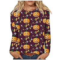 Plus Size Tops for Women Halloween Tshirt Long Sleeve Crewneck V Neck Tunic Shirts Trendy Novelty Pullover Blouses Tee