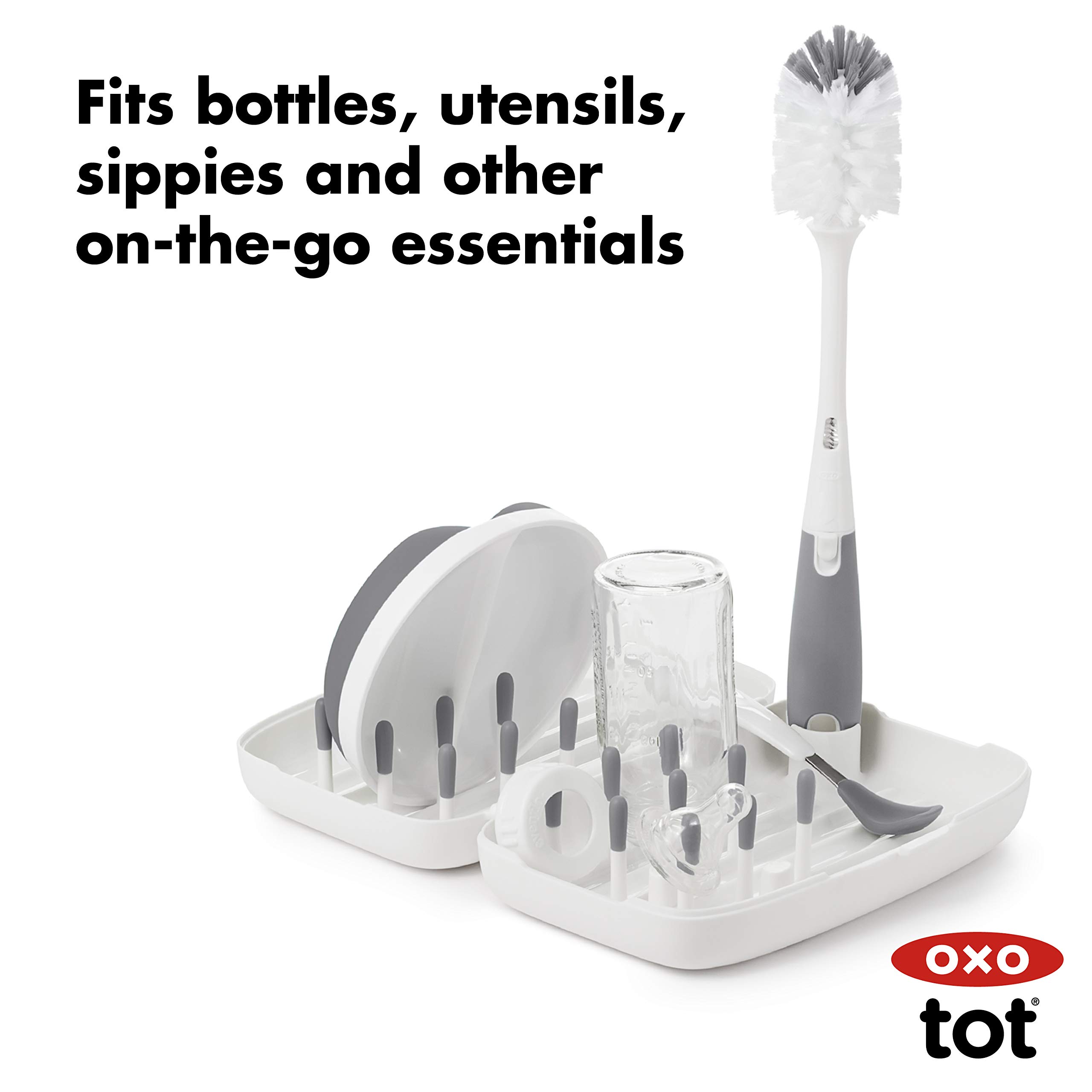 OXO Tot Bottle Brush with Nipple Cleaner and Stand – Gray, 2-Pack & Tot Travel Size Drying Rack with Bottle Brush- Gray