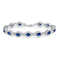 Bridal Cocktail Party Estate Vintage Style Statement Halo Oval AAA CZ Simulated Blue Sapphire Bracelet For Women Prom Weddings .925 Sterling Silver Rhodium 7.5 Inch