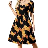 Dachshund in Hot Dog Bun with Mustard Women's Swing Dress Puff Short Sleeve V Neck Dress Beach A Line Mini Dresses