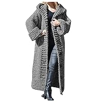 Plus Size Cardigan Coat for Women Knit Coarse Fleece Casual Solid Color Button Closure Hooded Tops Sweaters(Dark Gray L)