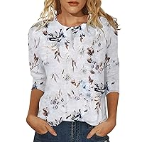Womens Blouses and Tops Dressy, Womens Tops 3/4 Sleeve Summer Ethnic Floral Slim Crewneck Slim Fit Tshirts Spring Blouse