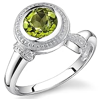 PEORA Green Peridot Ring for Women 925 Sterling Silver, Genuine Gemstone Birthstone, 1.50 Carats Round Shape, Sizes 5 to 9