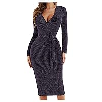 Women Fashion Lace-up Sexy Dress for Party V-Neck Long Sleeve Mid-Calf Long Dress