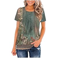 Womens Western Ethnic Floral Print Shirts Casual Short Sleeve Pleated Tunic Tops Scoop Neck T Shirts Summer Blouse