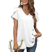 Womens Tops Petal Short Sleeve V Neck Casual Summer Trendy Shirts Tshirts Fashion Blouses Button