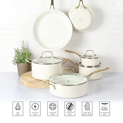 Martha Stewart Lockton Premium Nonstick PFA Free Ceramic Interior 10 Piece Heavy Gauge Enamel Aluminum Pots and Pans Cookware Set - Linen White w/Gold Handle