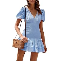 Midi Dresses for Women 2024 Solid Color Ruched Patchwork Casual Trendy with Short Sleeve V Neck Tunic Dress