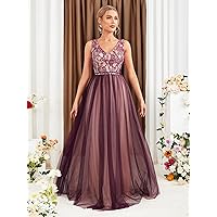 Dresses for Women - Belle Floral Embroidery Mesh Overlay Maxi Dress (Color : Purple, Size : Large)
