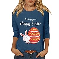 Easter Eggs Women 3/4 Sleeve Tops Cute Bunny Eggs Graphic Print Blouses Easter Basket Crew Neck Funny Causal Tee Shirts