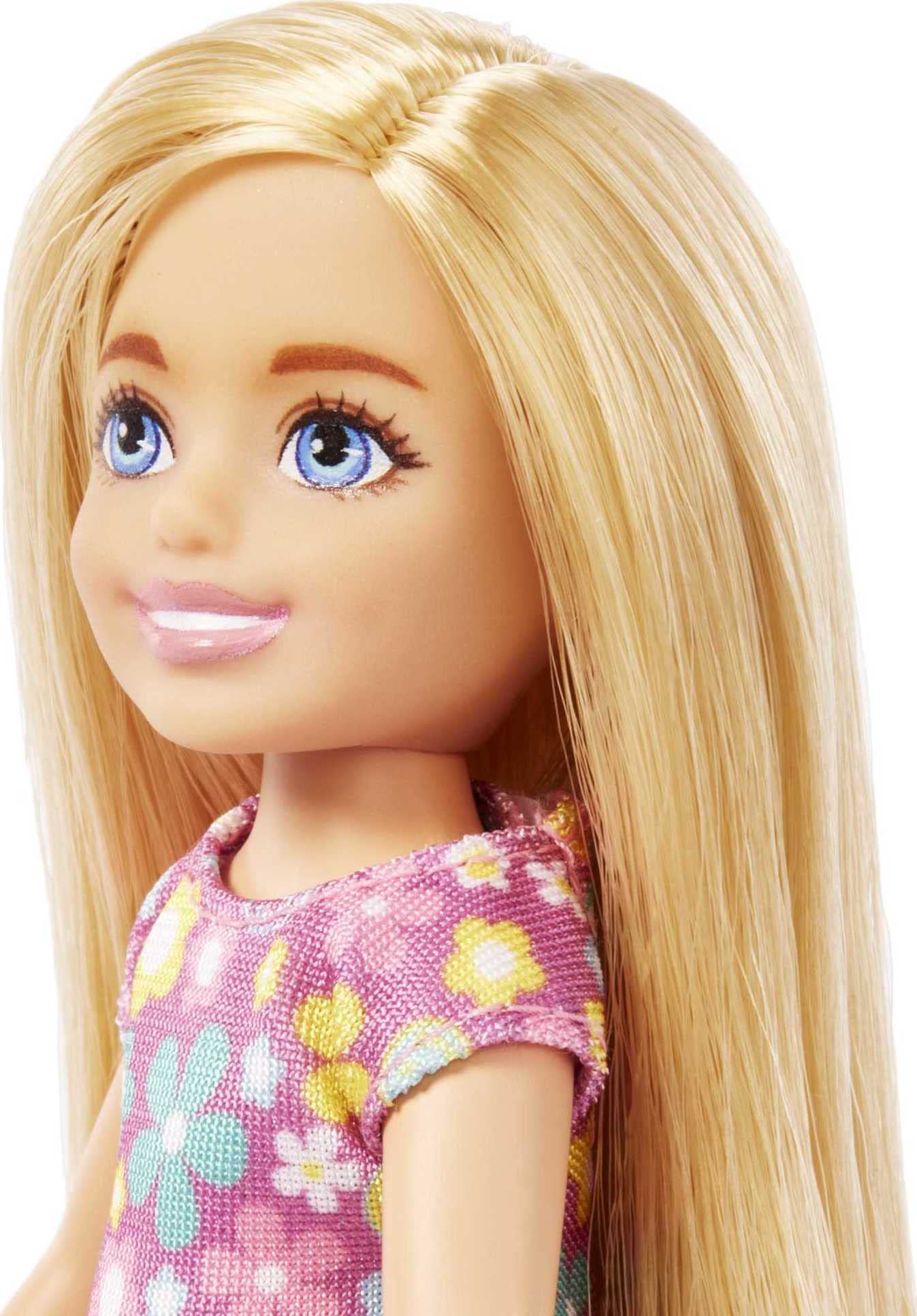 Barbie Chelsea Doll, Small Doll with Long Blonde Hair & Blue Eyes Wearing Removable Purple Flowered Dress & Yellow Shoes
