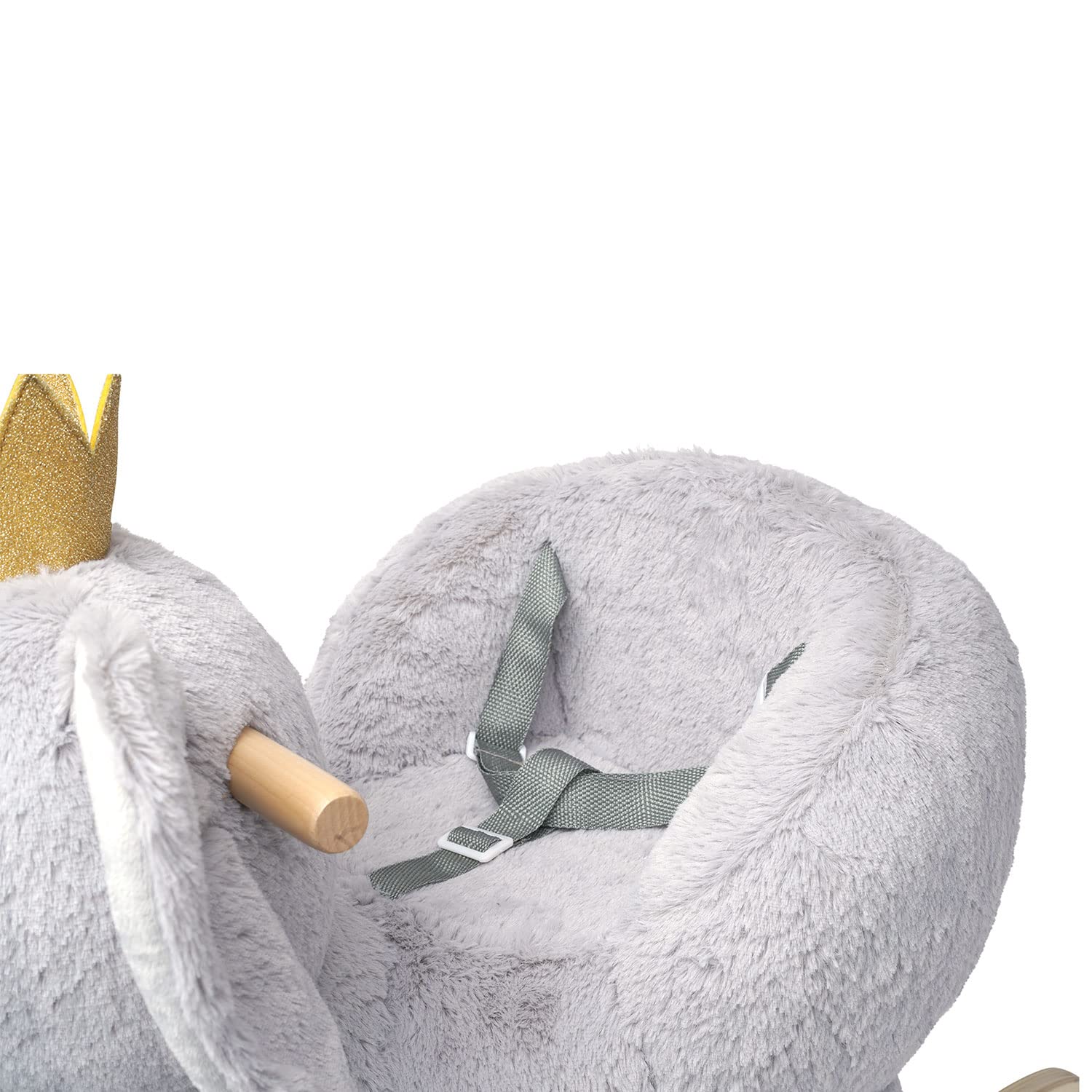 Manhattan Toy Plush Elephant Wooden Rocking Toy with Crown, Adjustable Seat Belt and Wooden Hand Grips Large