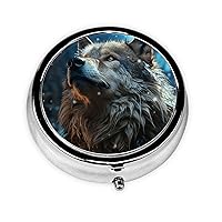 Wolf Looking at The Stars in The Snow Print Round Pill Box Cute Mini Metal Pill Case with 3 Compartment Portable Travel Pillbox Medicine Organizer for Pocket Wallet