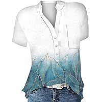 Women's Tops Fashion Pullover V-Neck Loose Print Button Shirt Casual Versatile Short Sleeve Tops Spring, S-3XL