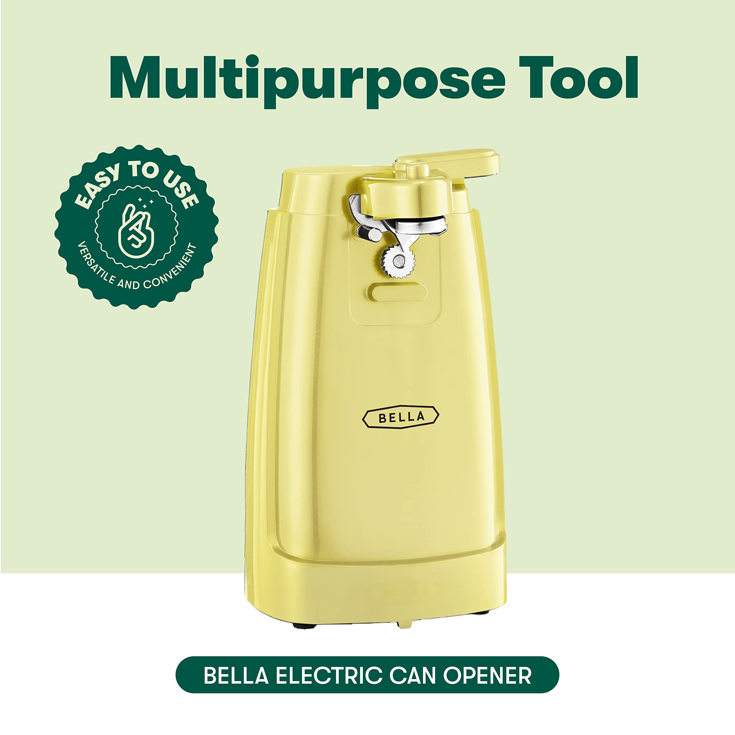 BELLA Electric Can Opener, Automatic Can Opener, Knife Sharpener and Bottle Opener, Easy Safe Removable Cutting Lever, Cord Storage, Easy Clean-Up, Yellow