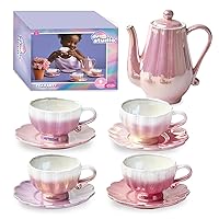 Dream Studio Ceramic Tea Party Set [2023 Amazon Exclusive] 9-Piece Pretend Set, Teapot 4 Cups & 4 Saucers, Hand-Painted Glaze, Safe BPA-Free & Non-Toxic, Imagination Play Activity Toy for Girls & Boys