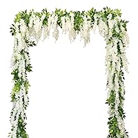Wisteria Artificial Flowers Garland, 2Pcs Total 14.4ft Silk Faux Wisteria Vine Kit, Hanging Flower Plant for House Outdoor Garden Ceremony Outside Wedding Arch Floral Decor (2, White)